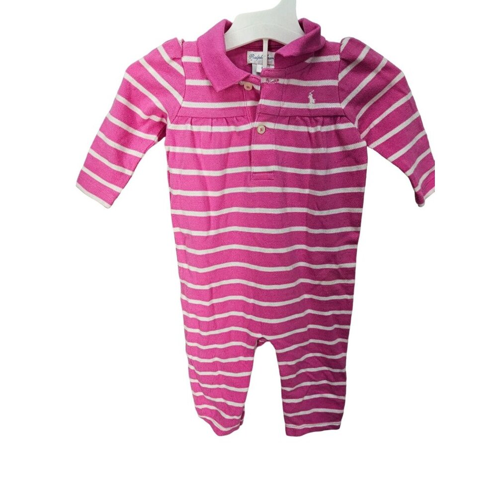 Ralph Lauren Girls Pink Striped‎ Polo Collared Coverall Outfit Size 9M 9 months